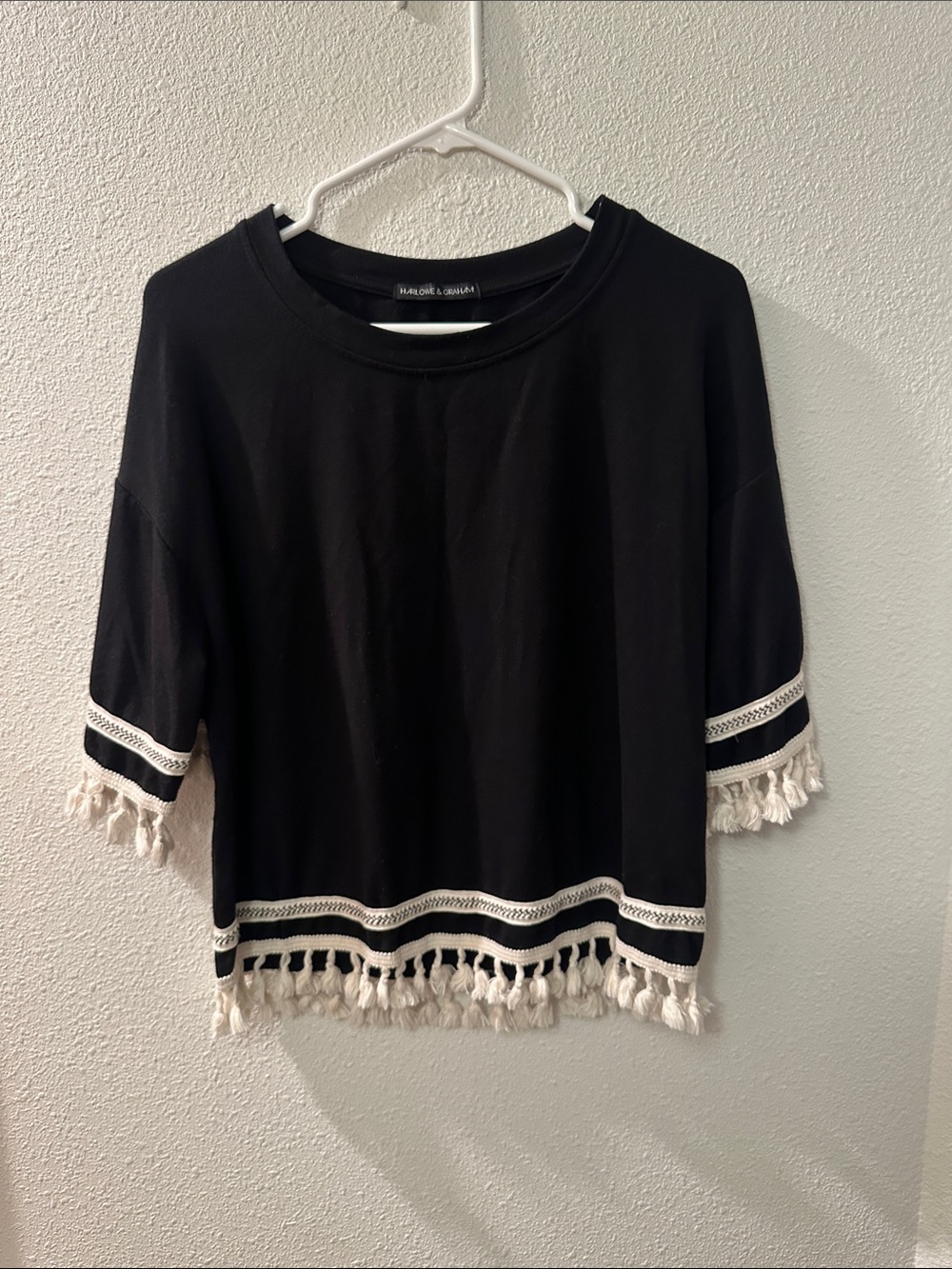 Harlowe & Graham Black Cropped Top with Cream Tassel Trim